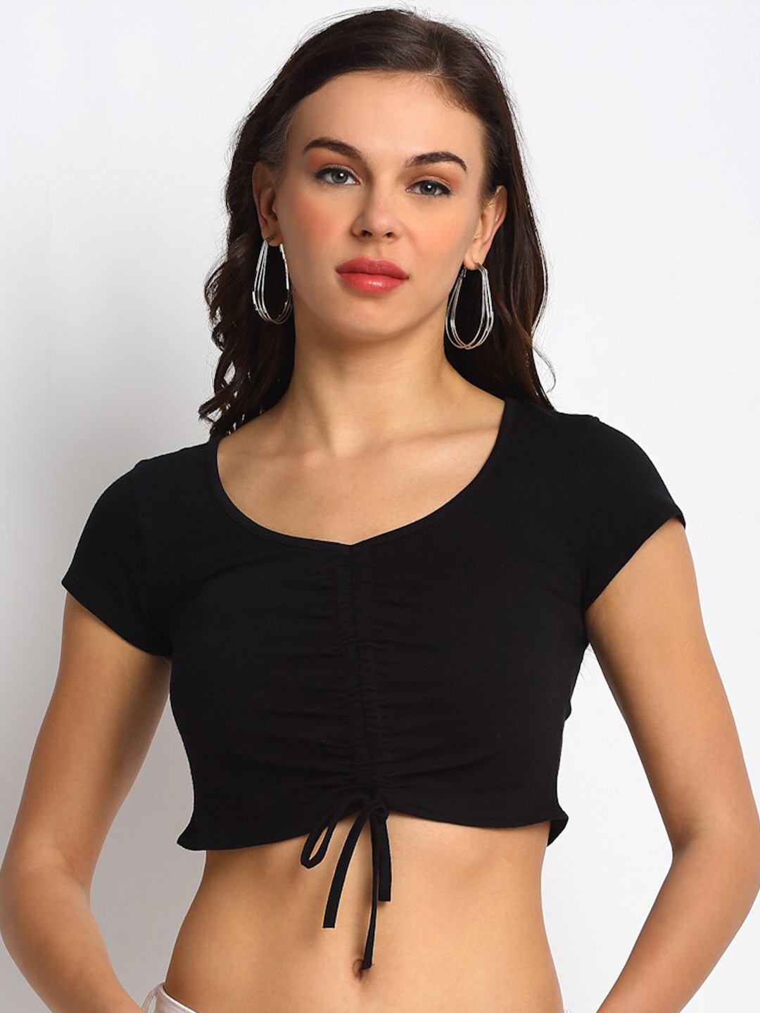 DOOR74 Woman Black Front Gather Crop Top