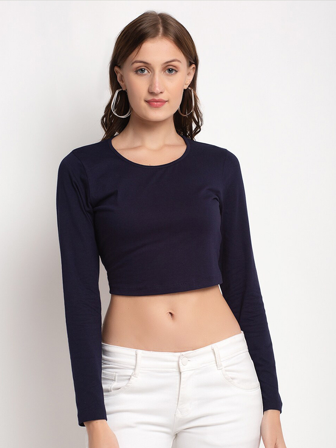 DOOR74 Woman Navy Blue Full Sleeves Crop Top