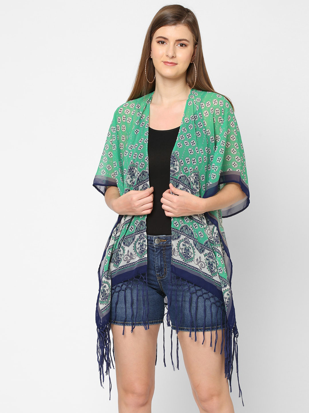 Cloth Haus India Women Green & Blue Printed Shrug