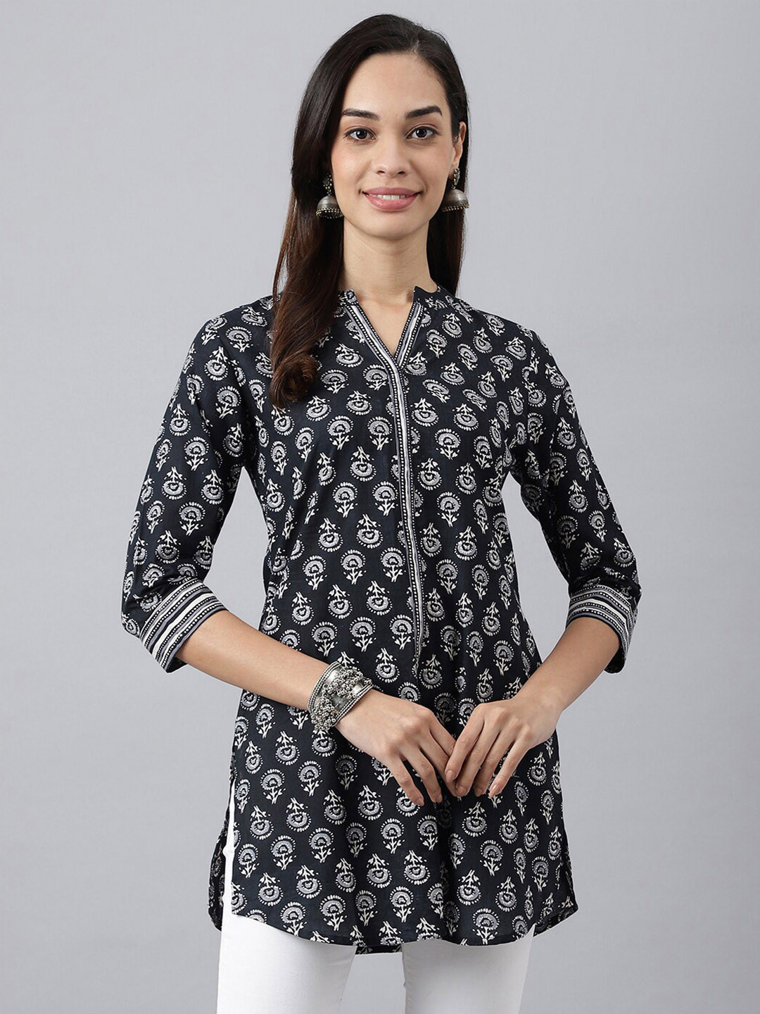 MEESAN Black & White Mandarin Collar Printed Cotton Tunic
