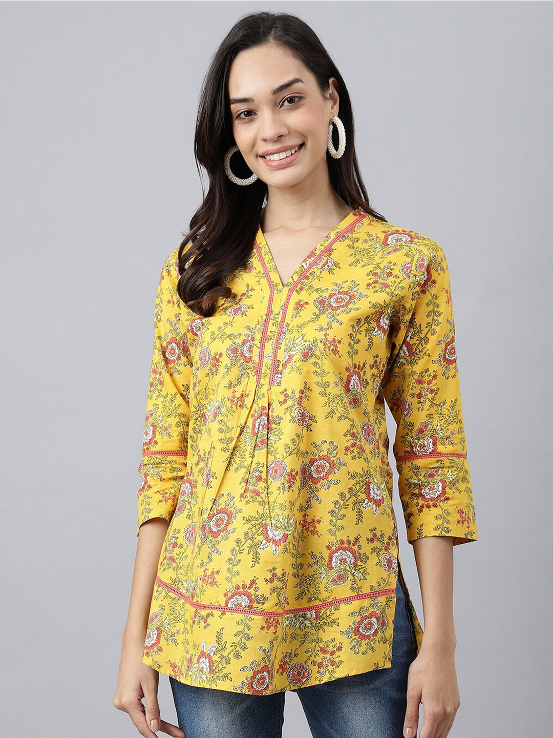 MEESAN Yellow & Orange Printed Cotton Tunic