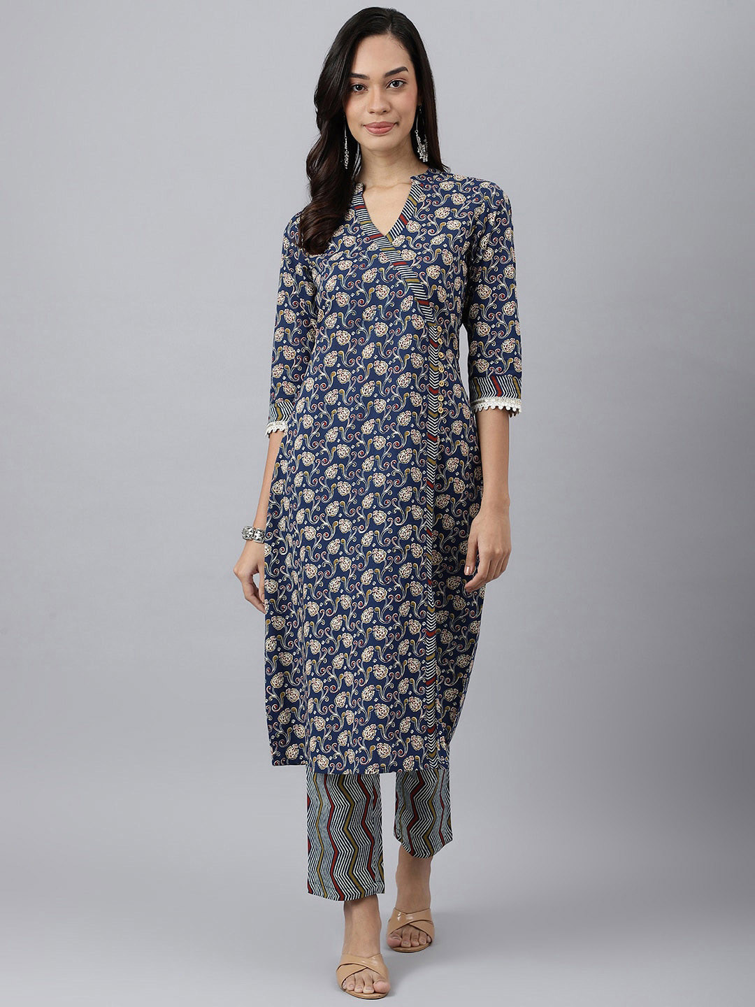 MEESAN Women Blue Ethnic Motifs Printed Angrakha Pure Cotton Kurta with Trousers