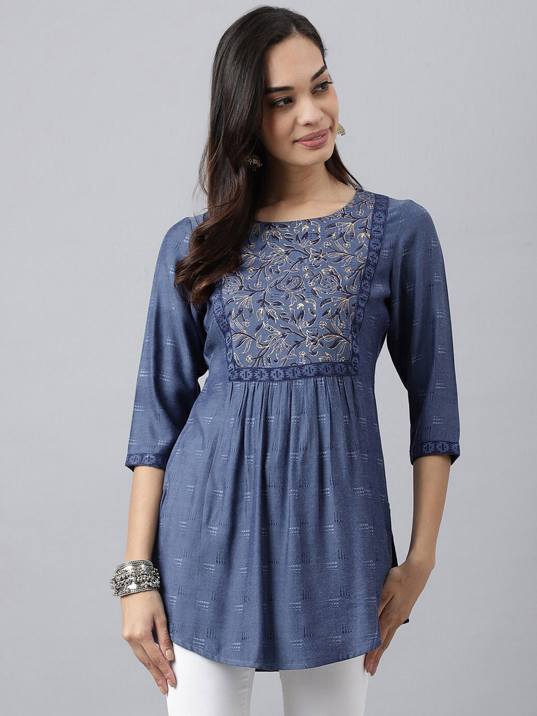 MEESAN Blue & Cream-Coloured Viscose Rayon Printed Tunic