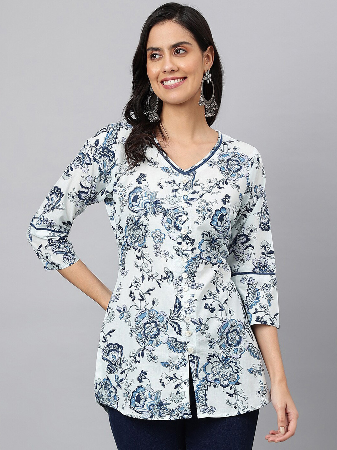 MEESAN Blue & White Printed Cotton Tunic