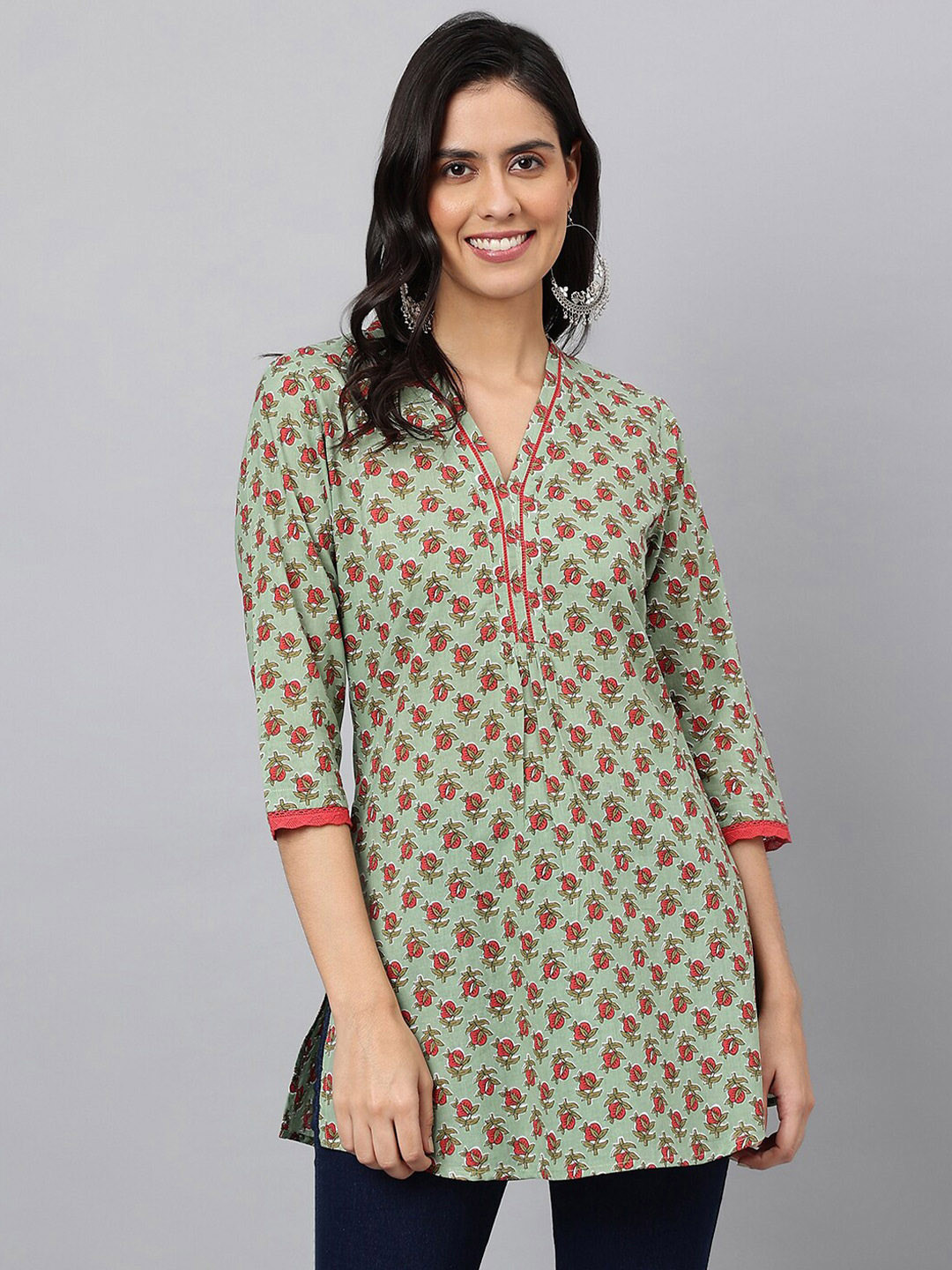 MEESAN Green & Red Printed Cotton Tunic