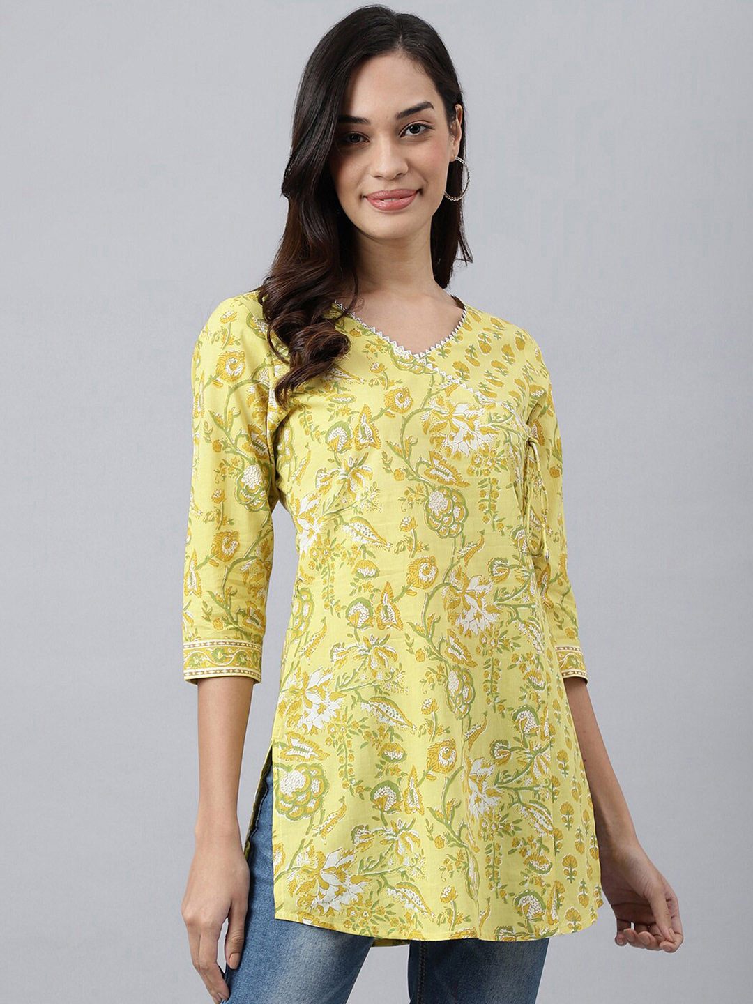 MEESAN Yellow & Green Printed Cotton Tunic