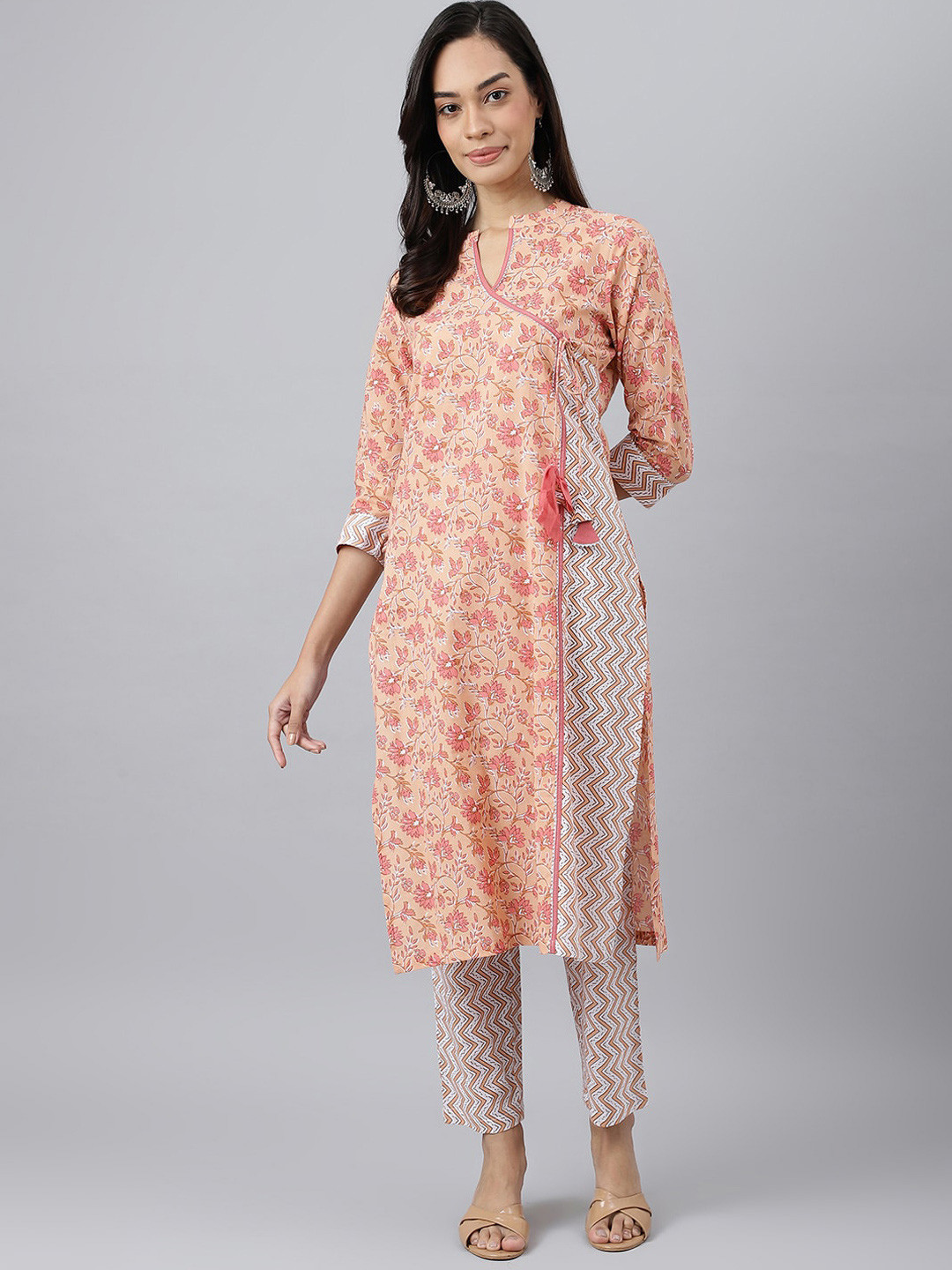 MEESAN Women Peach-Coloured Ethnic Motifs Printed Angrakha Pure Cotton Kurta with Trousers