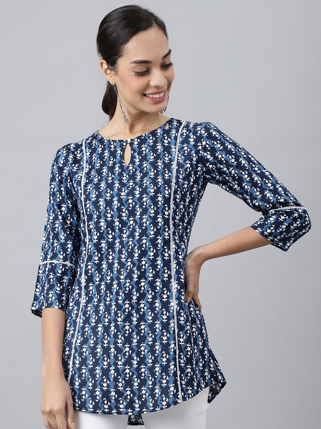 MEESAN Blue & White Viscose Rayon Printed Tunic