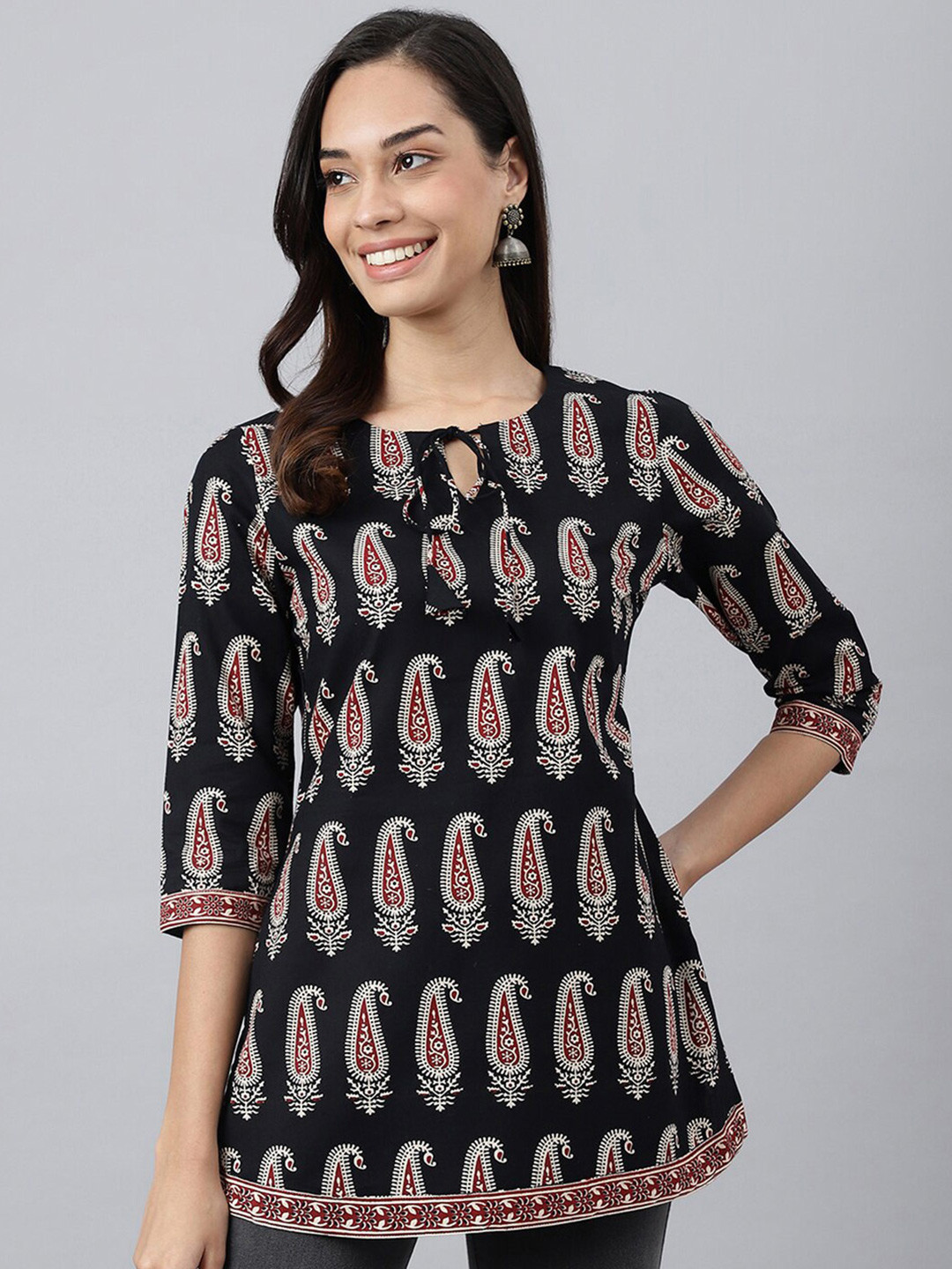 MEESAN Black & Red Printed Cotton Tunic