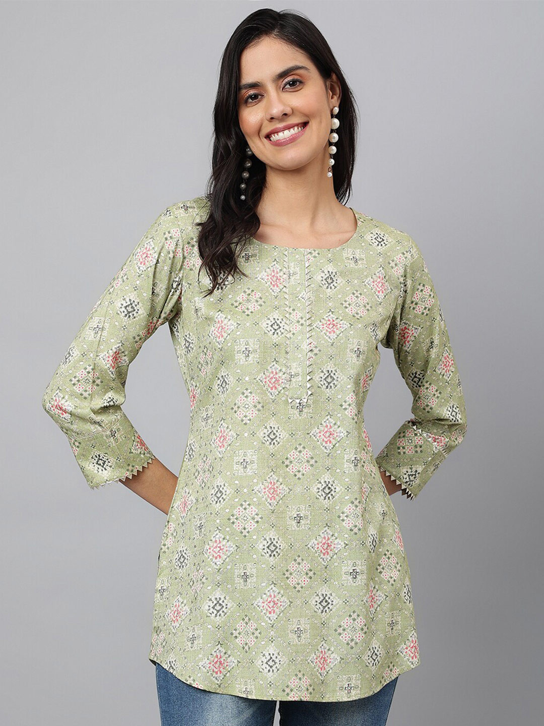 MEESAN Green & White Printed Tunic