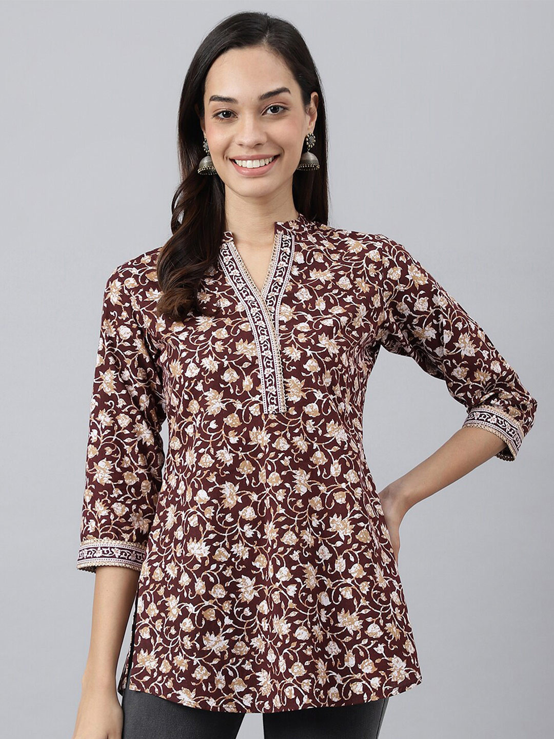 MEESAN Brown & White Mandarin Collar Printed Cotton Tunic