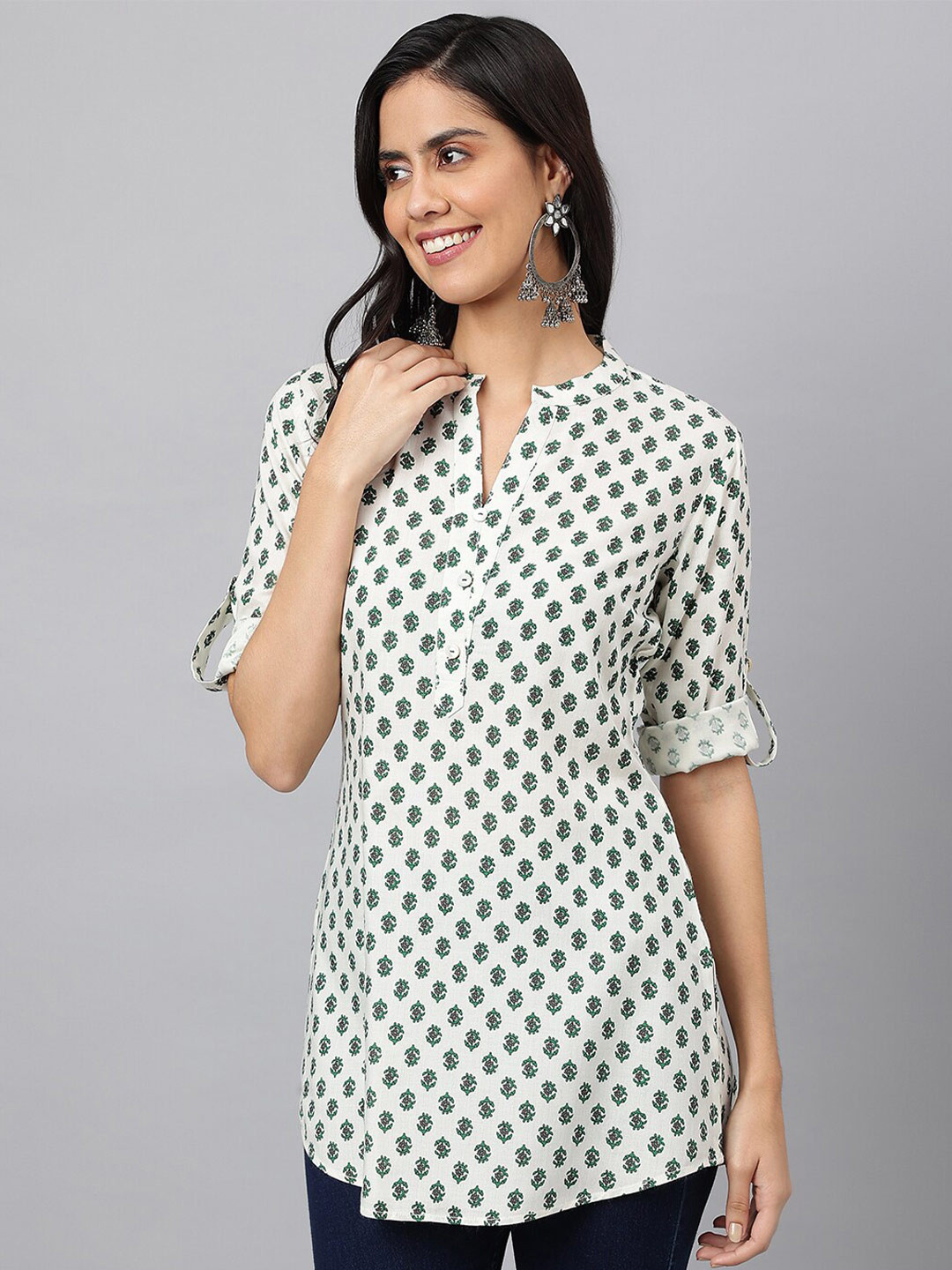 MEESAN Off White & Green Mandarin Collar Printed Tunic