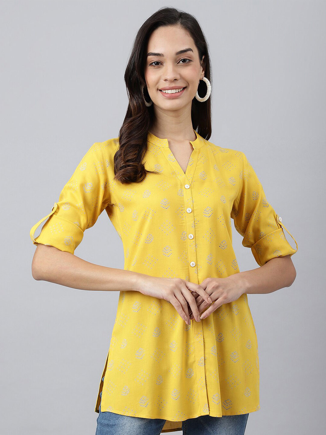 MEESAN Yellow & Grey Mandarin Collar Printed Tunic