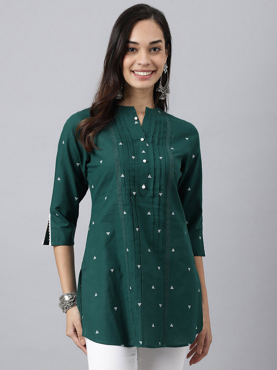 MEESAN Green & White Mandarin Collar Cotton Printed Tunic