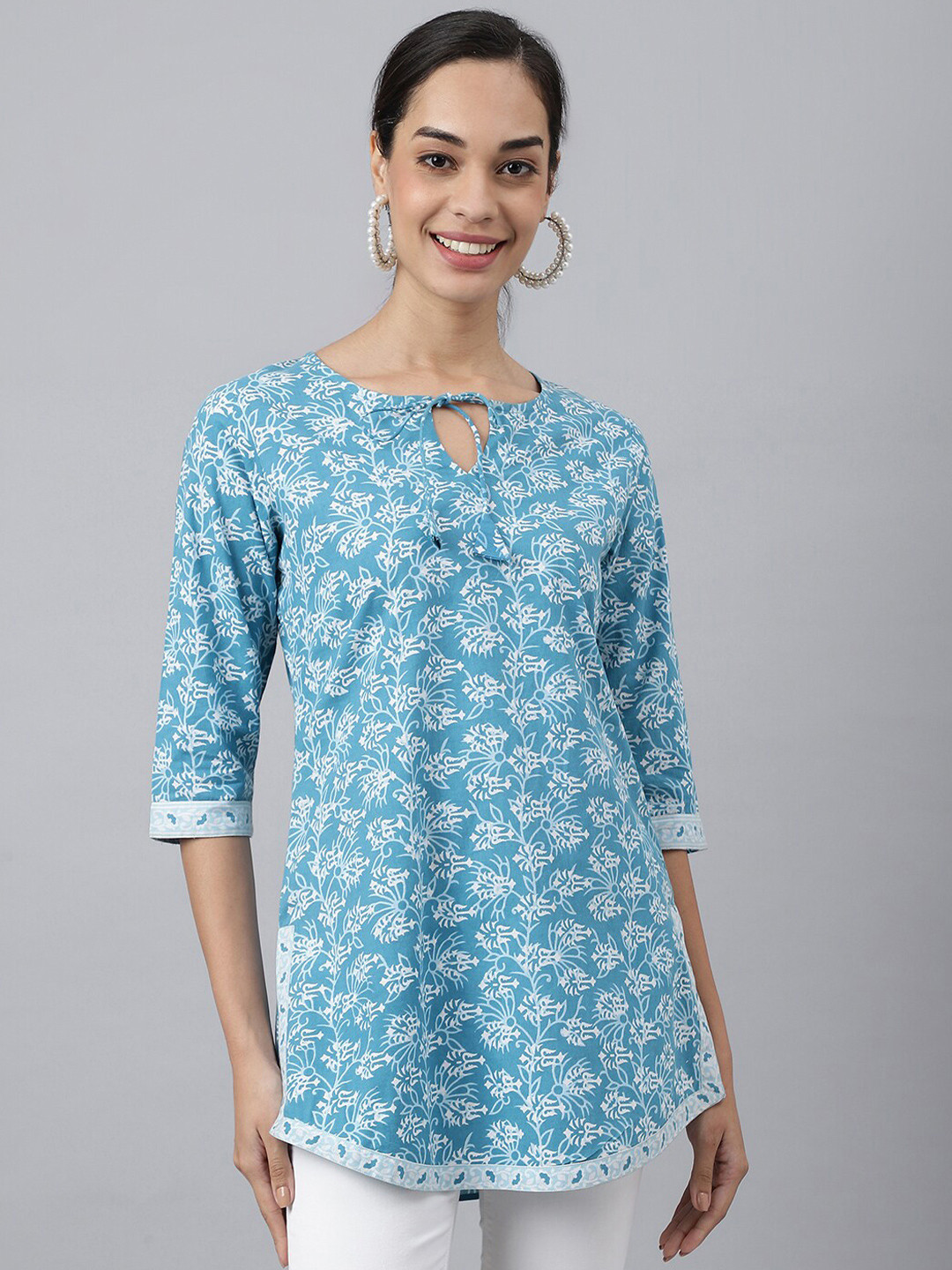 MEESAN Blue & White Printed Cotton Tunic