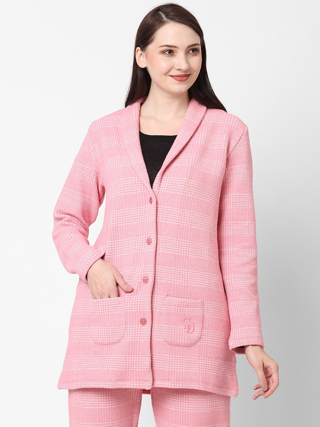 Sweet Dreams Women Pink Checked Fleece Longline Cardigan