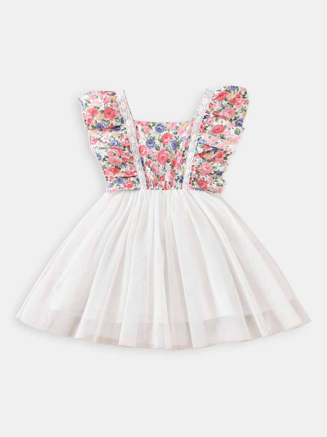 Hopscotch Girls White Floral Printed Fit And Flare Cotton Dress