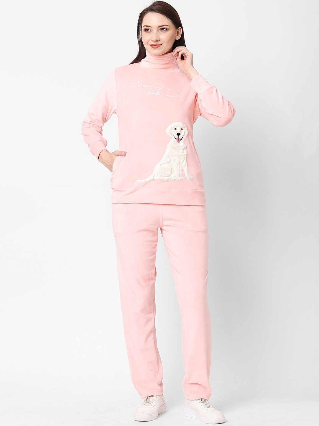 Sweet Dreams Women Pink Dog Patch Work Sweatshirt & Track pants