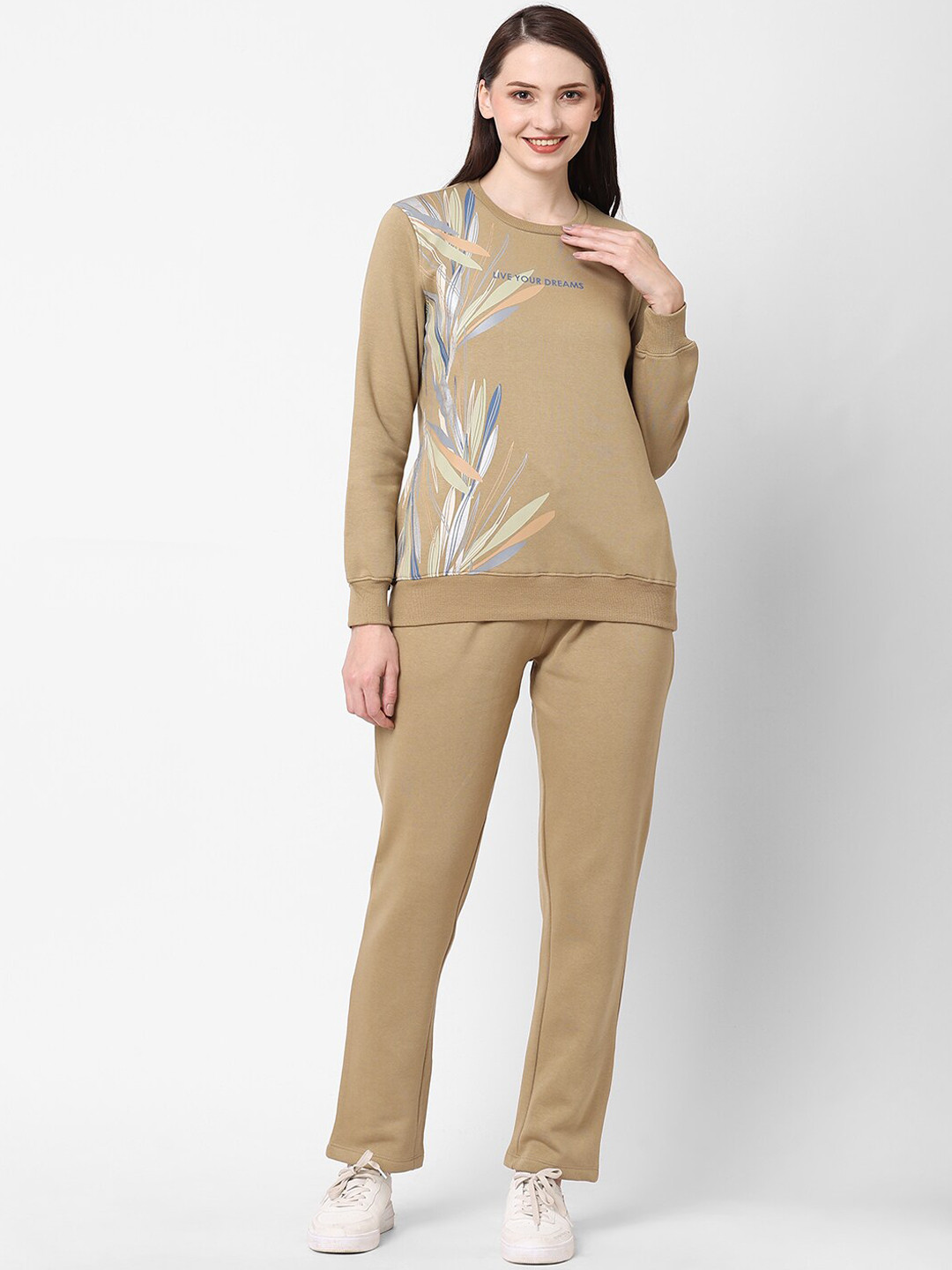 Sweet Dreams Women Khaki Floral Fleece Track Suit