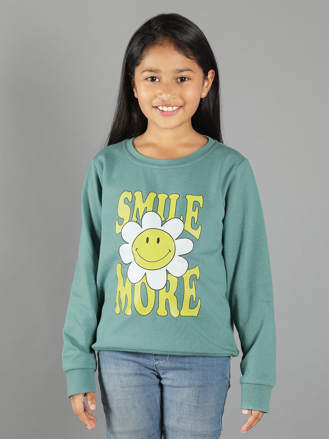 Ninos Dreams Girls Green Smile More Printed Fleece Sweatshirt