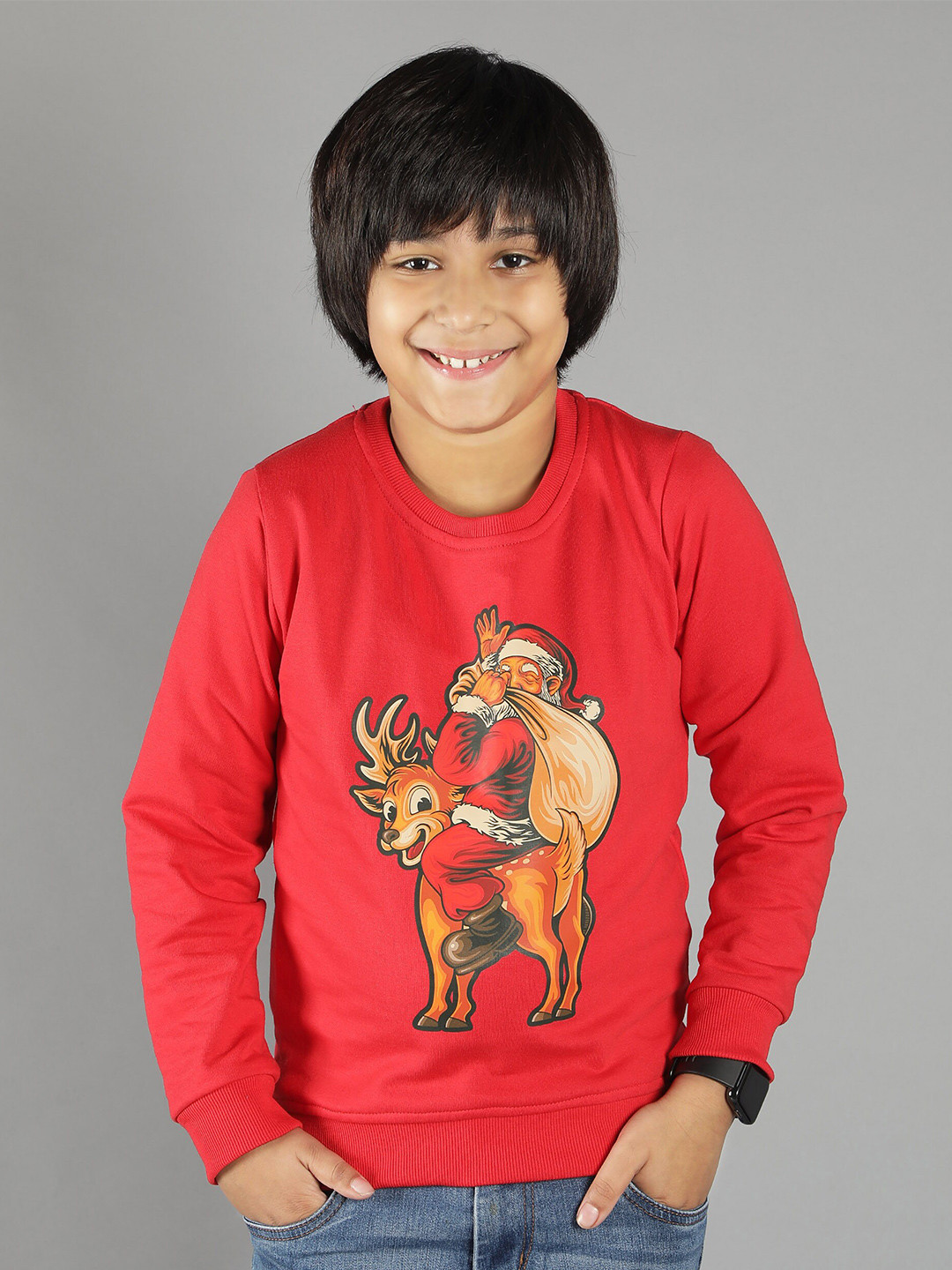 Ninos Dreams Kids Red Christmas Santa Printed Fleece Sweatshirt
