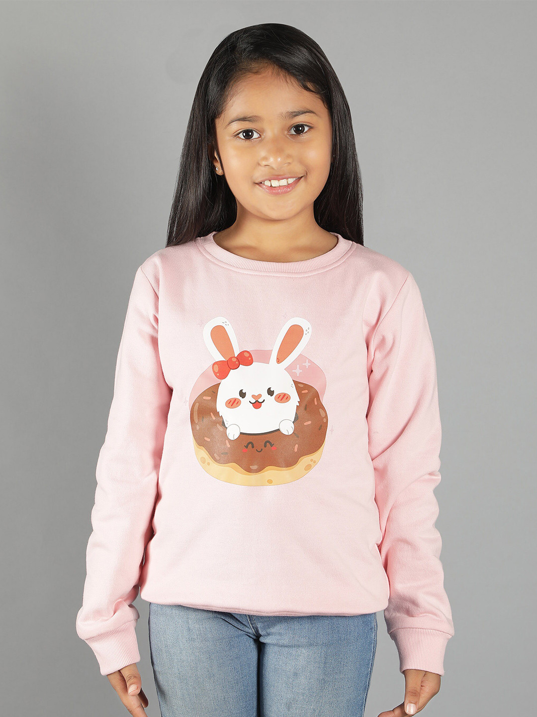 Ninos Dreams Girls Pink Bunny Doughnut Printed Fleece Sweatshirt