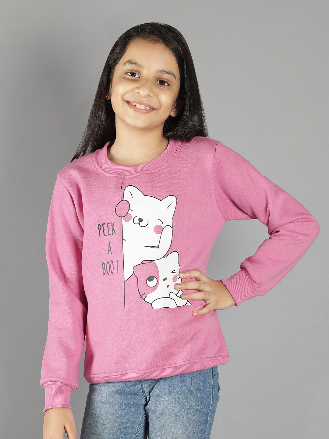 Ninos Dreams Girls Pink Peek A Boo Printed Fleece Sweatshirt
