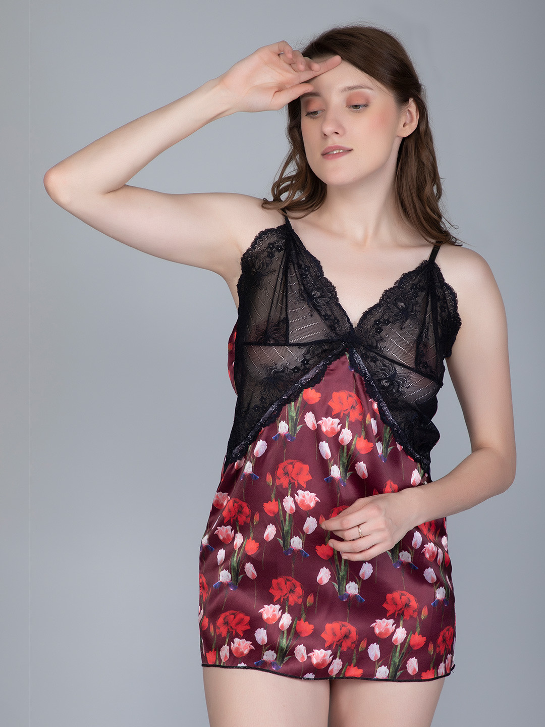 PHWOAR Maroon & Green Satin Printed Baby Doll
