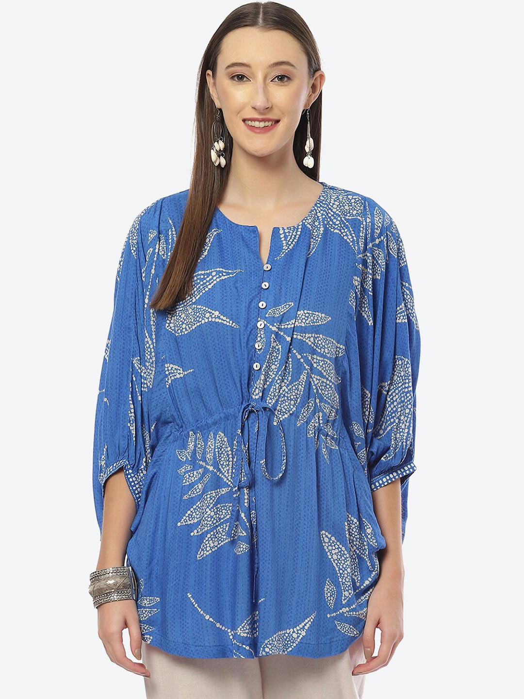Biba Blue Floral Print Kaftan Longline Top