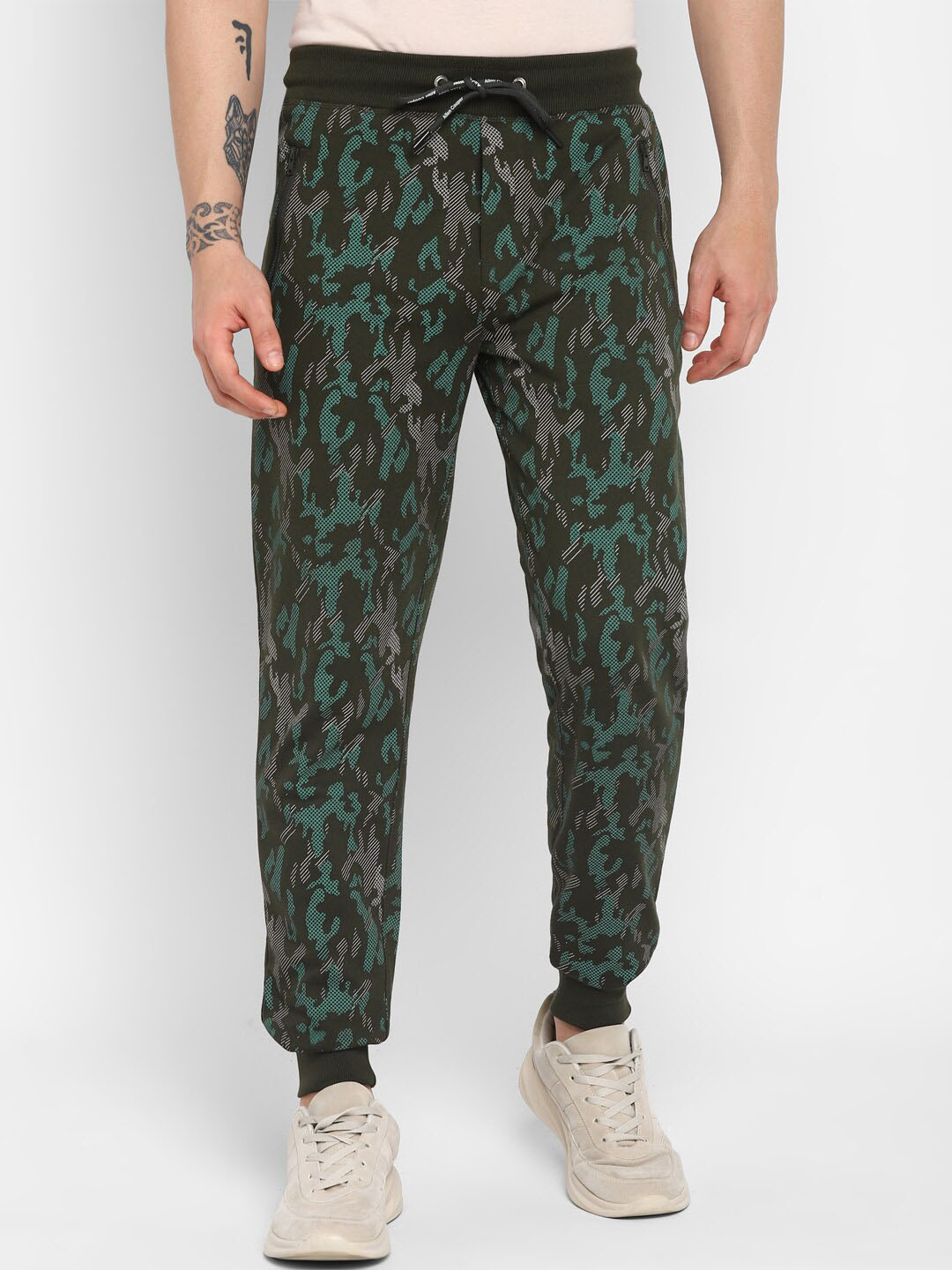 Allen Cooper Men Olive Green Camouflage Printed Antimicrobial Joggers