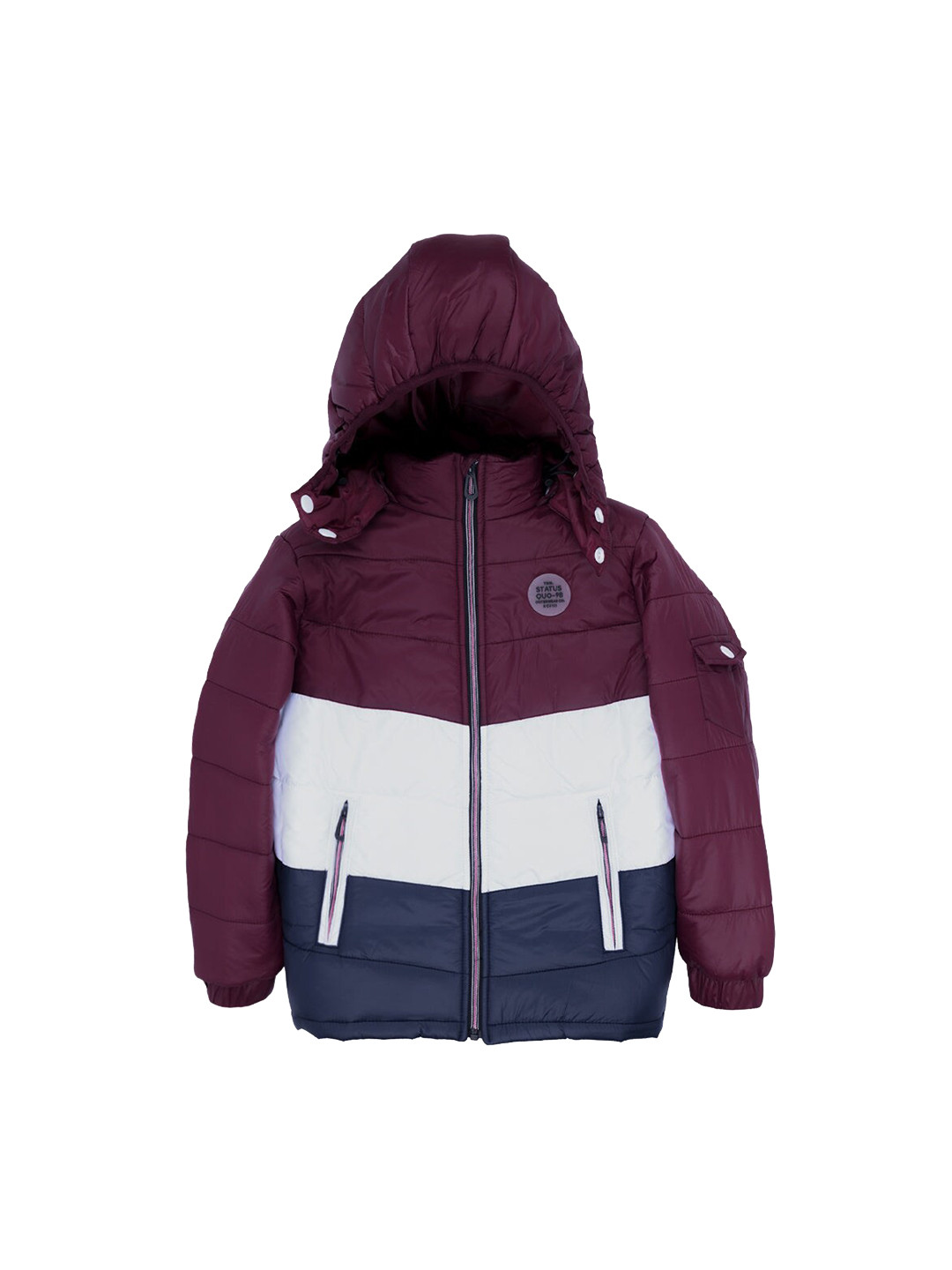 Status Quo Boys Maroon Colourblocked Puffer Jacket with Patchwork