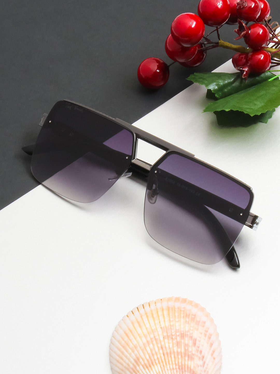 Ted Smith Unisex Gunmetal-Grey Square Half-Rim Sunglasses With UV Protected Lens