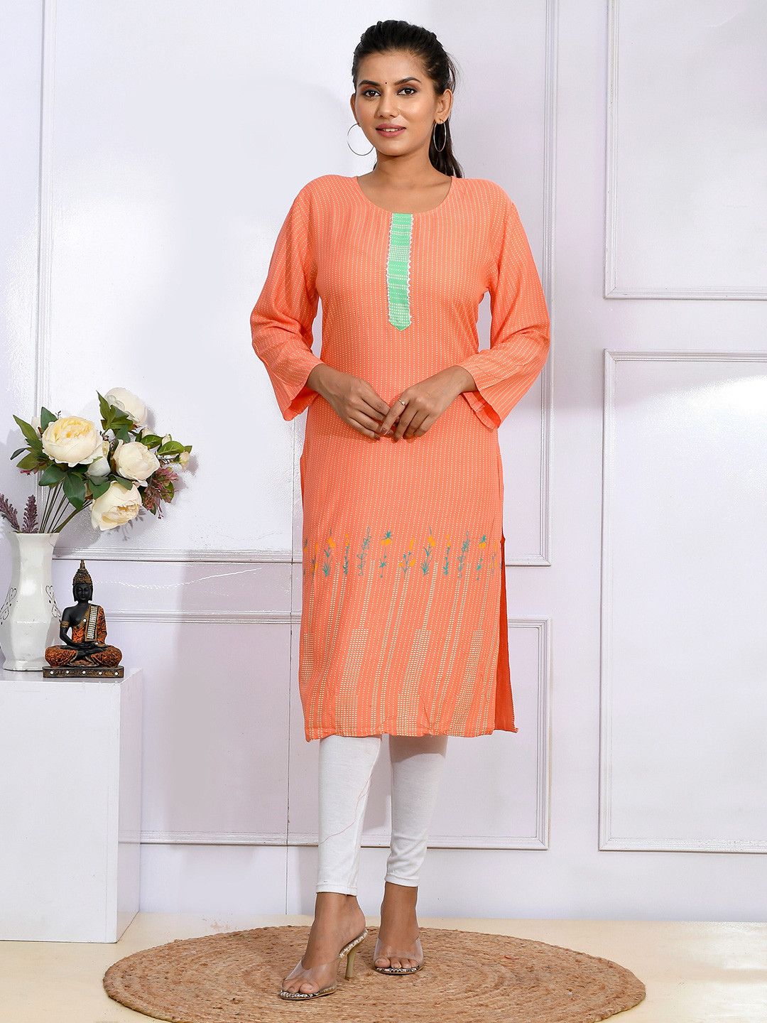 Kesarya Printed Striped Gotta Patti Straight Pure Cotton Kurta