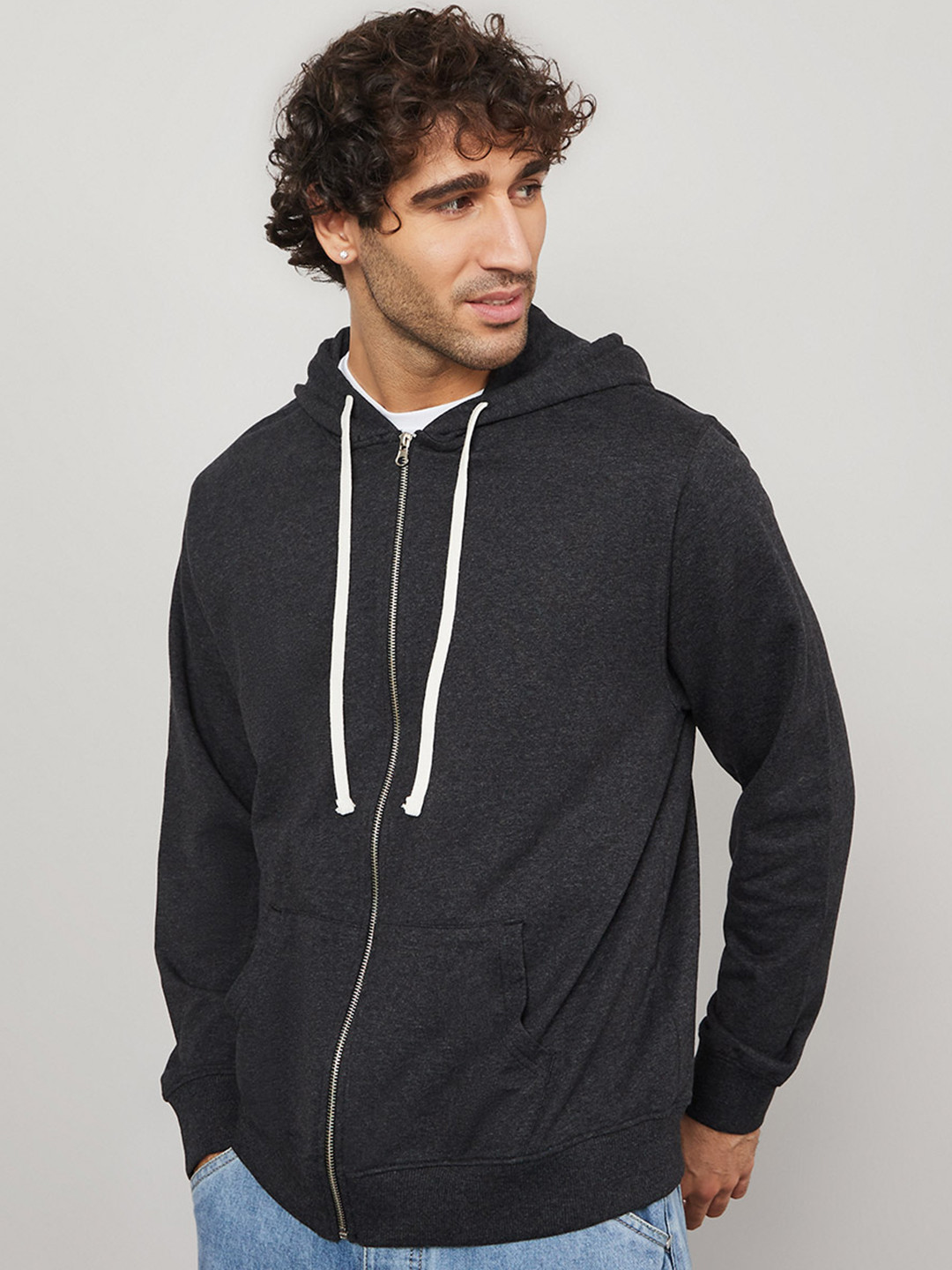 Styli Front Zip Hooded Cotton Sweatshirt