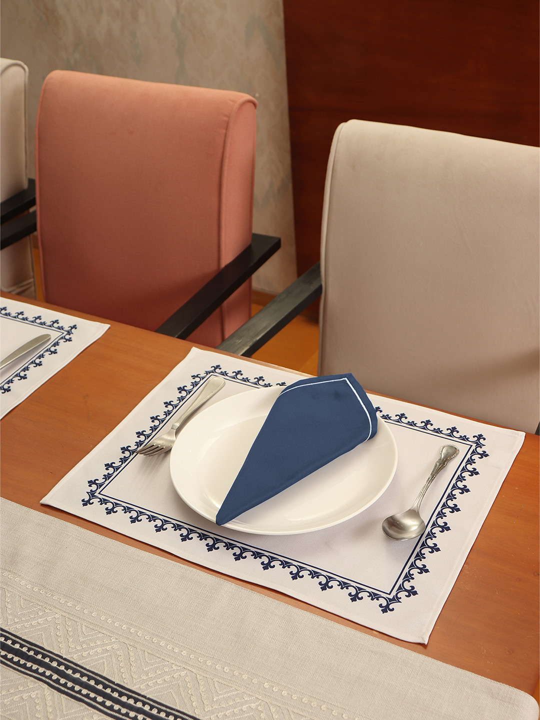ZEBA Piece Of 12 White & Blue Ethnic Motif Printed Cotton Table Placemat Mats With Napkins