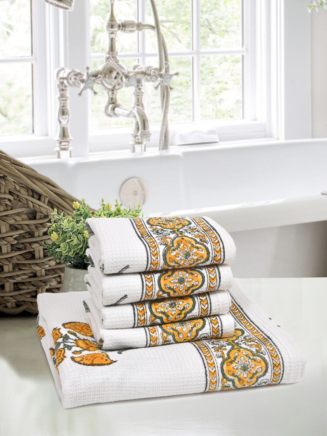 BLOCKS OF INDIA Set of 5 White & Yellow Floral Printed 210 GSM Cotton Towels