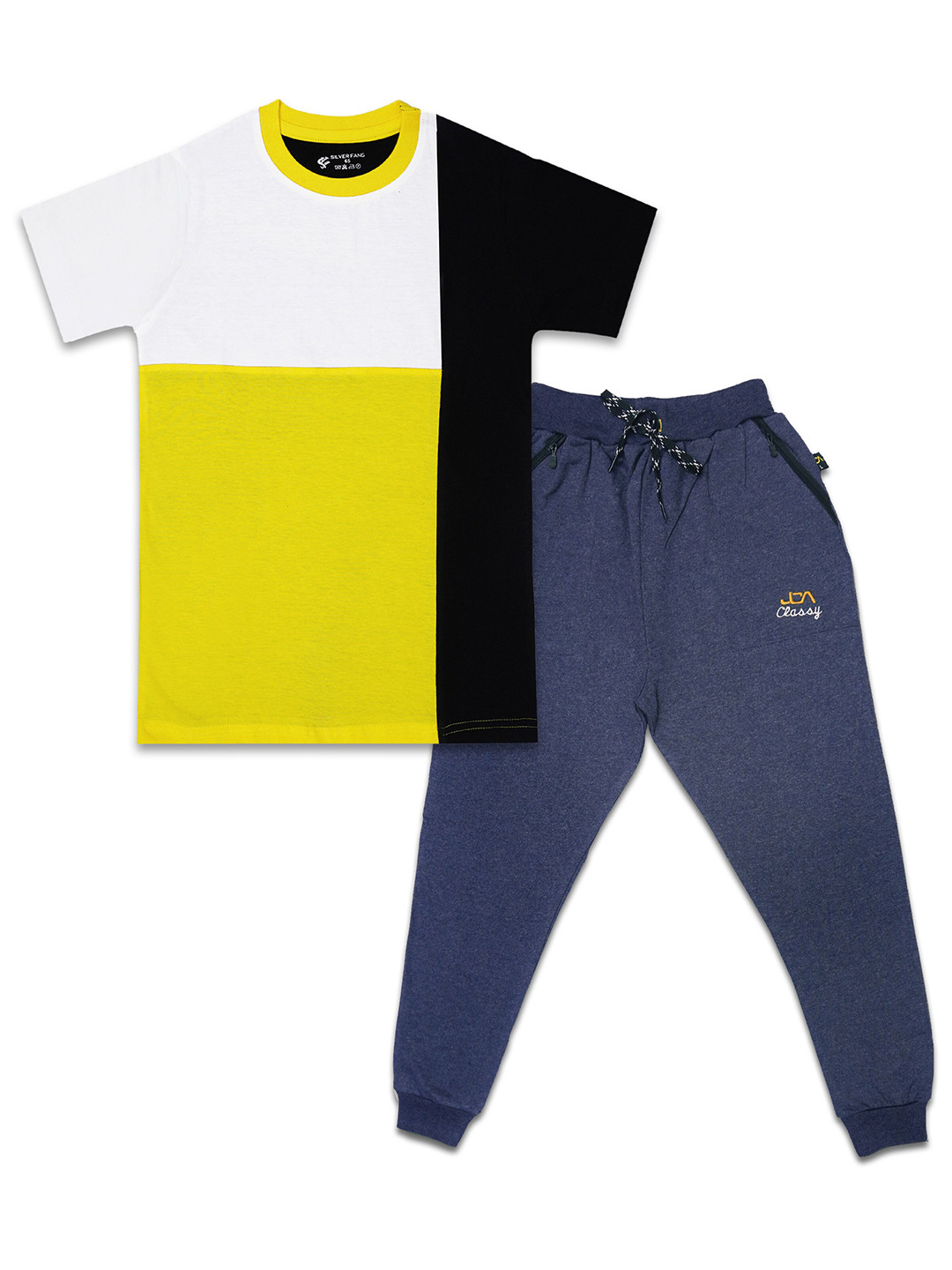 Silver Fang Boys White & Yellow Colourblocked T-shirt With Pyjamas