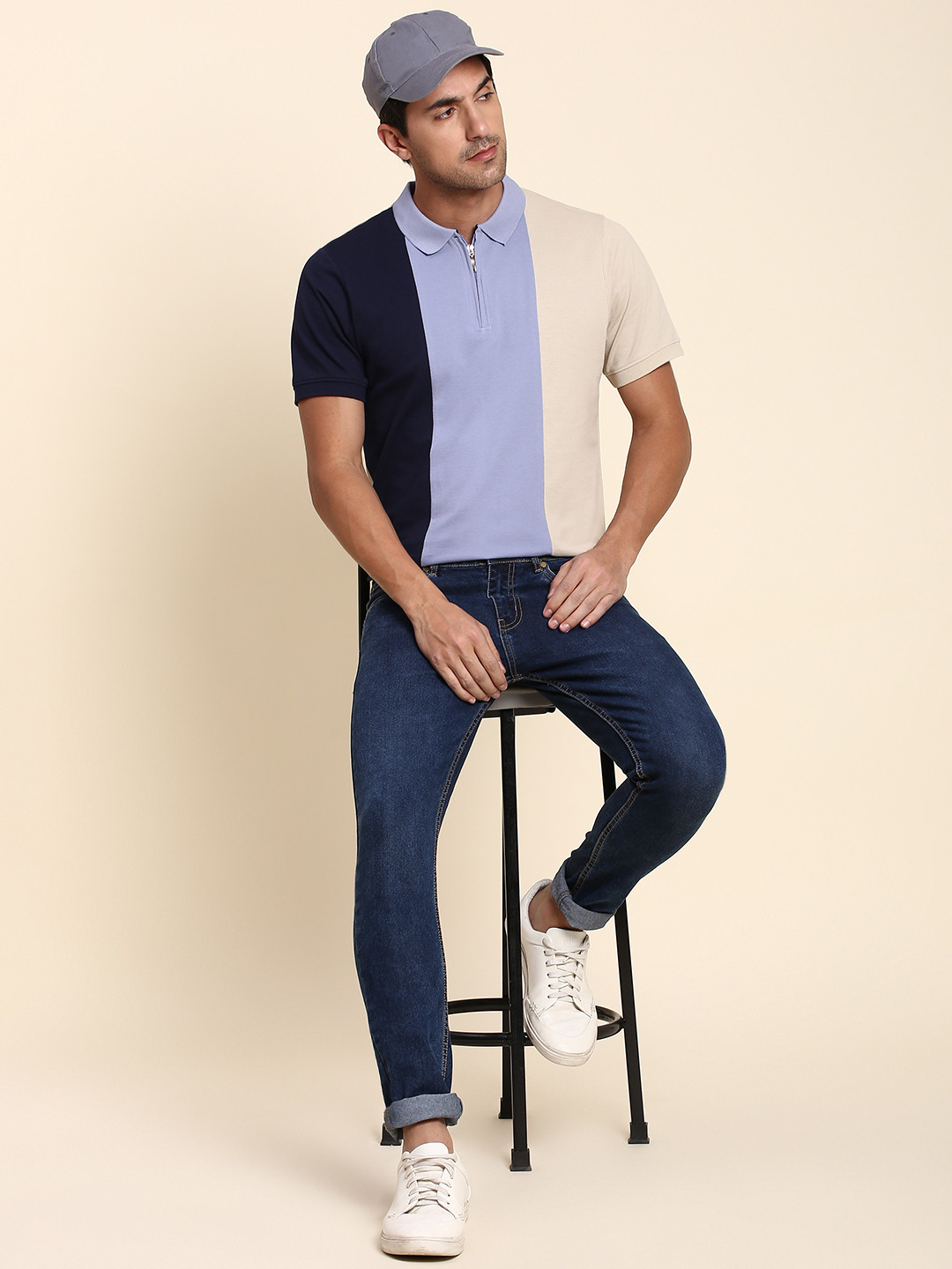 Dennis Lingo Men Colorblock Polo Collar Cotton T-shirt