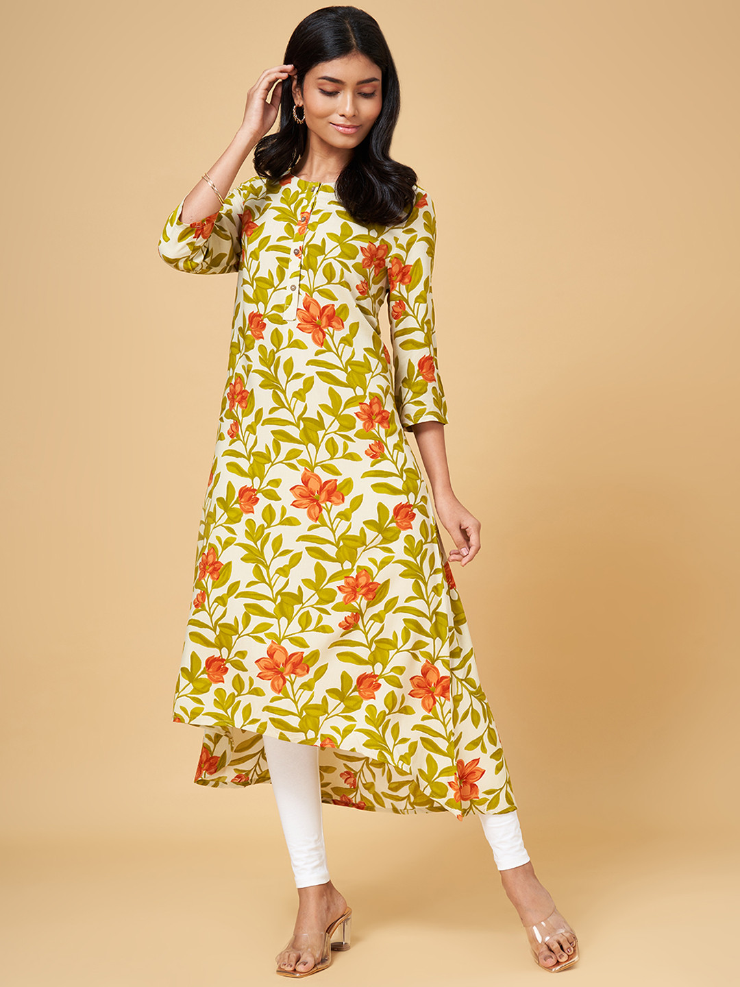 YU by Pantaloons Women Lime Green Floral Printed Kurta