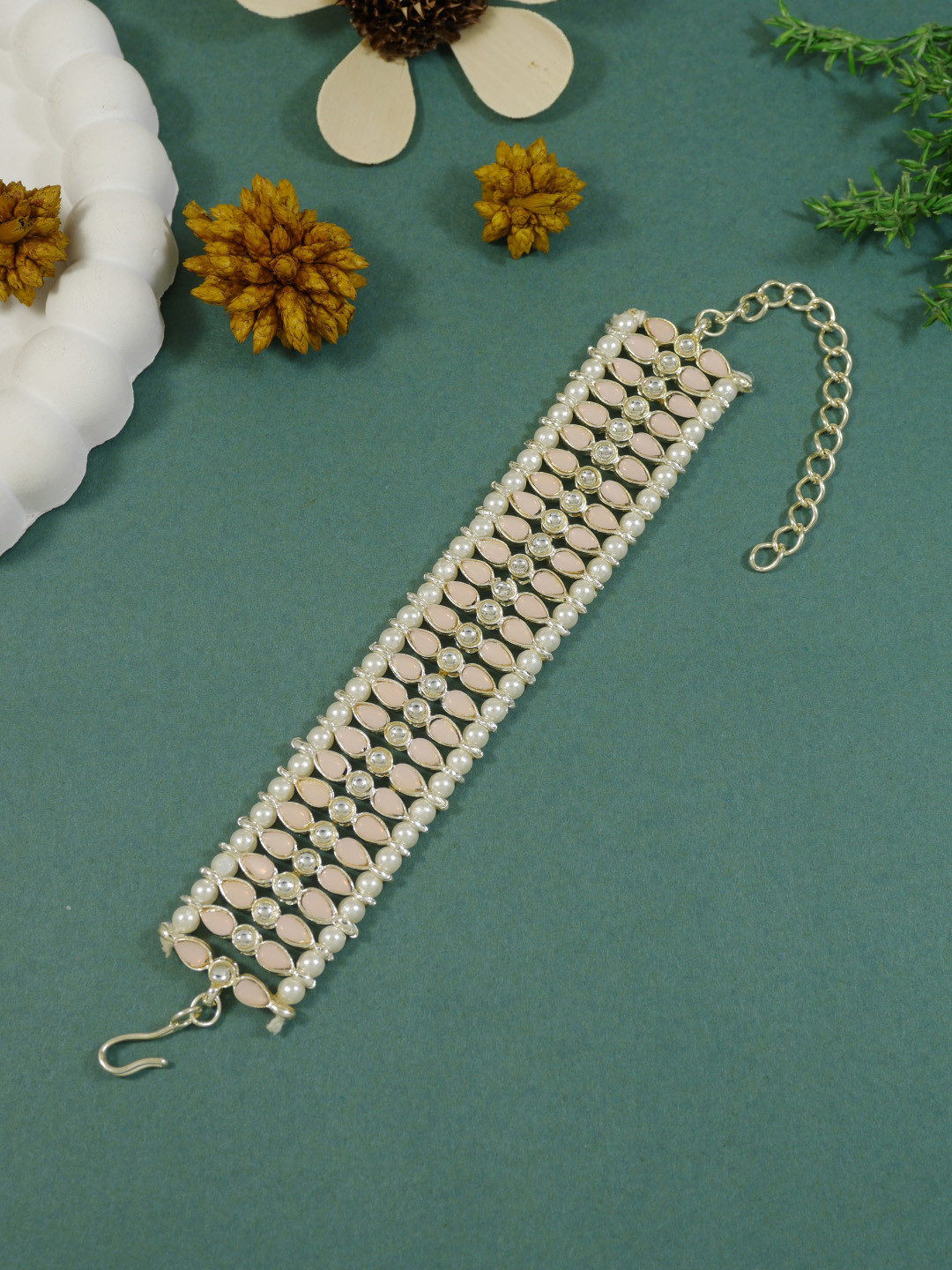 I Jewels Women Gold-Toned & Peach-Coloured Kundan Gold-Plated Bangle-Style Bracelet