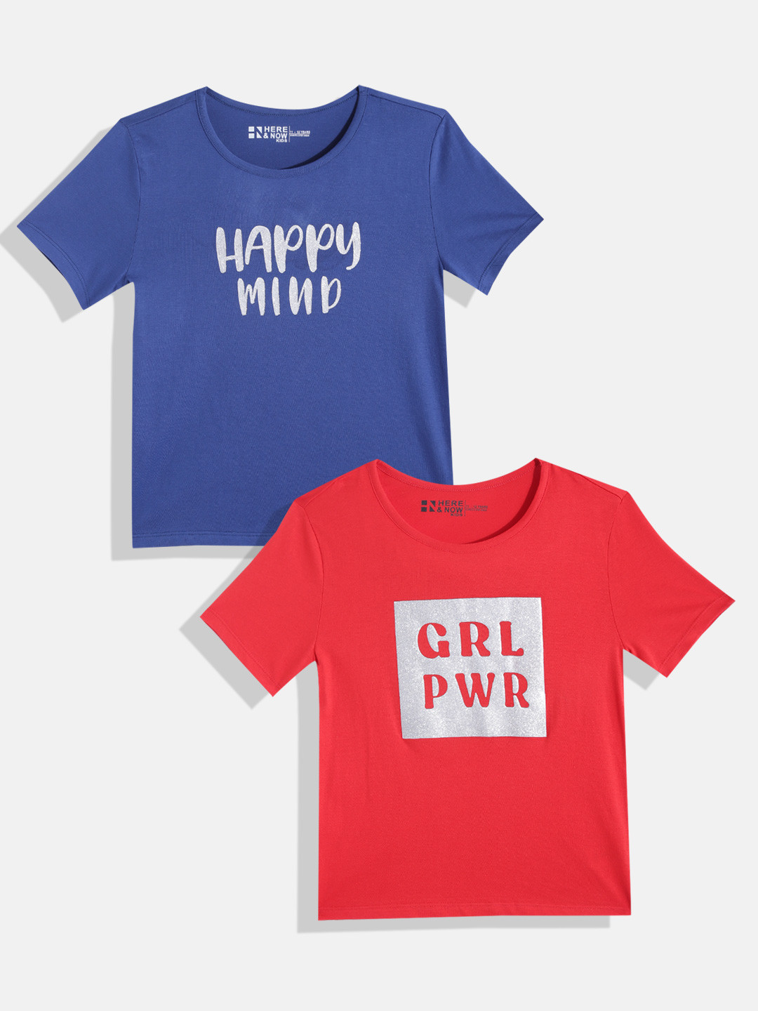 HERE&NOW Girls Pack of 2 Blue & Red Cotton Typography Printed T-shirts