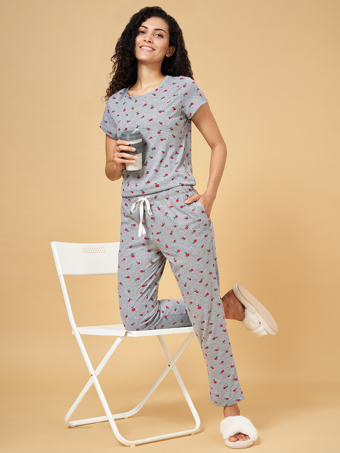YU by Pantaloons Women Grey & Red Printed Night suit