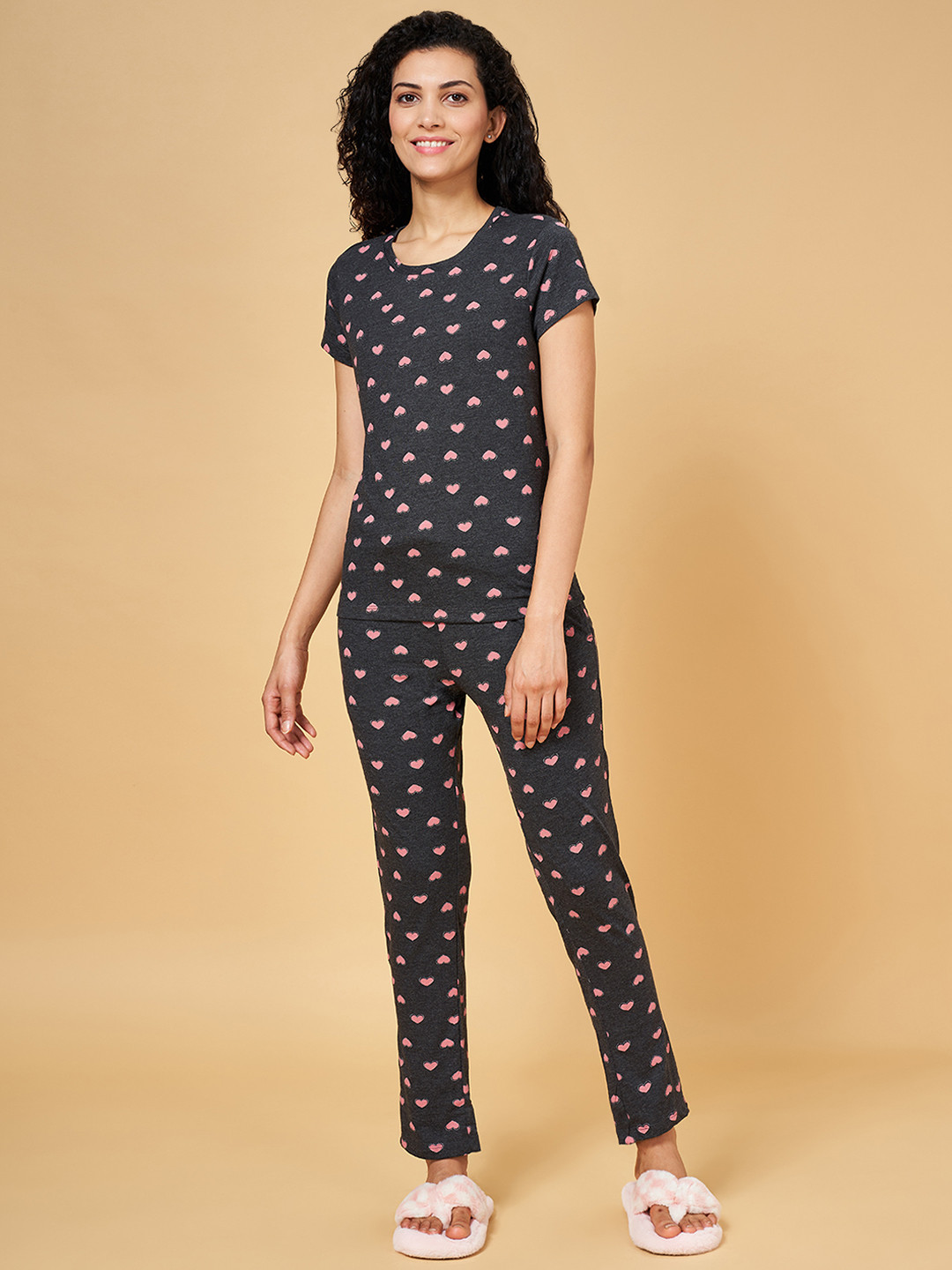 YU by Pantaloons Women Charcoal & Pink Printed Night suit