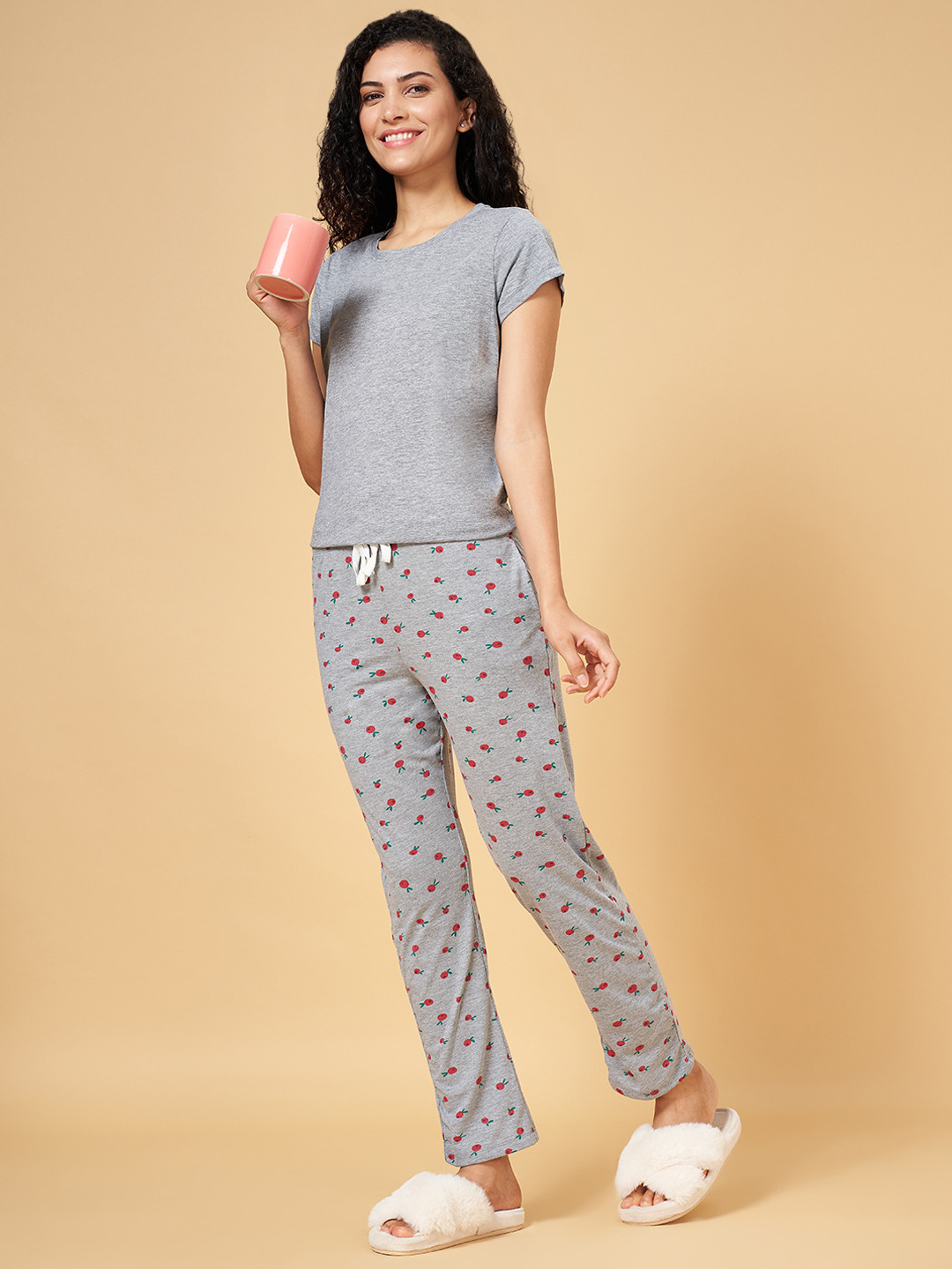 YU by Pantaloons Women Grey & Red Printed Night suit