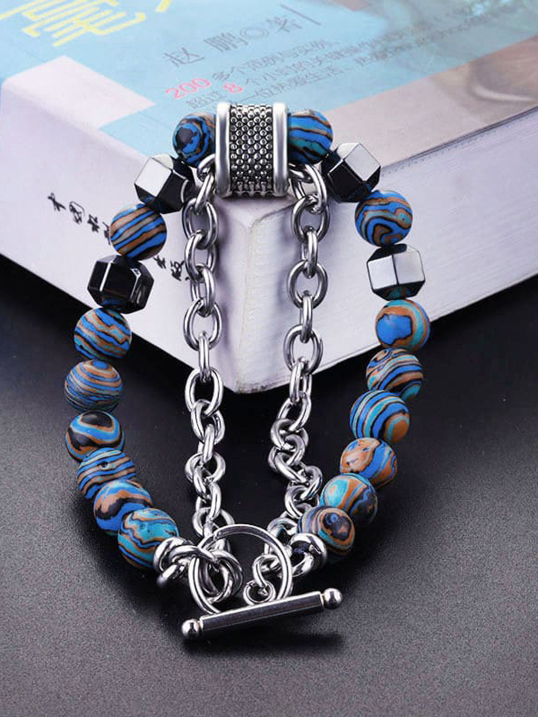Fashion Frill Men Silver-Toned & Blue Tigers Eye Silver-Plated Charm Bracelet