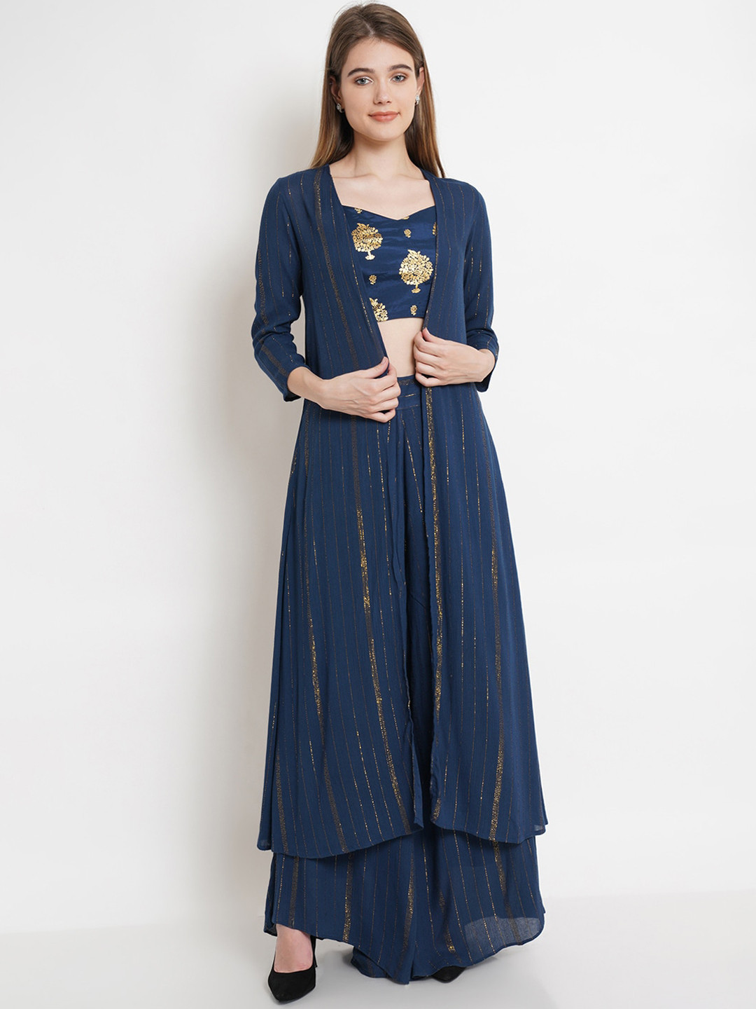 Purple State Women Navy Blue & Gold Toned Paisley Printed Top with Palazzos & Shrug