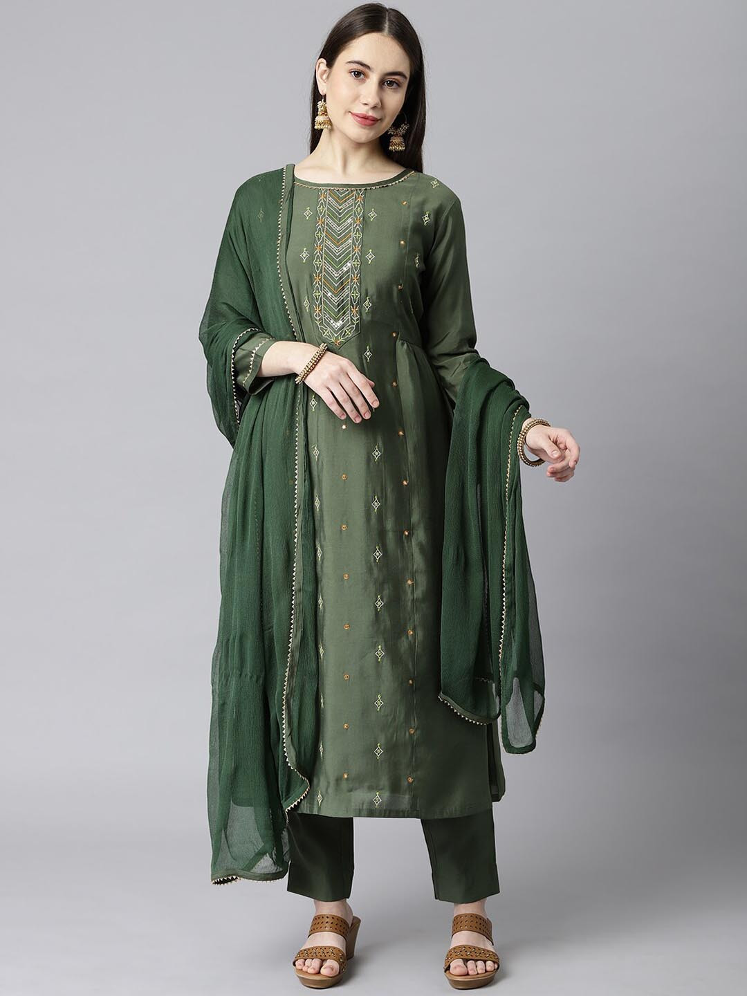KAMI KUBI Women Green Embroidered Kurta with Trousers & With Dupatta