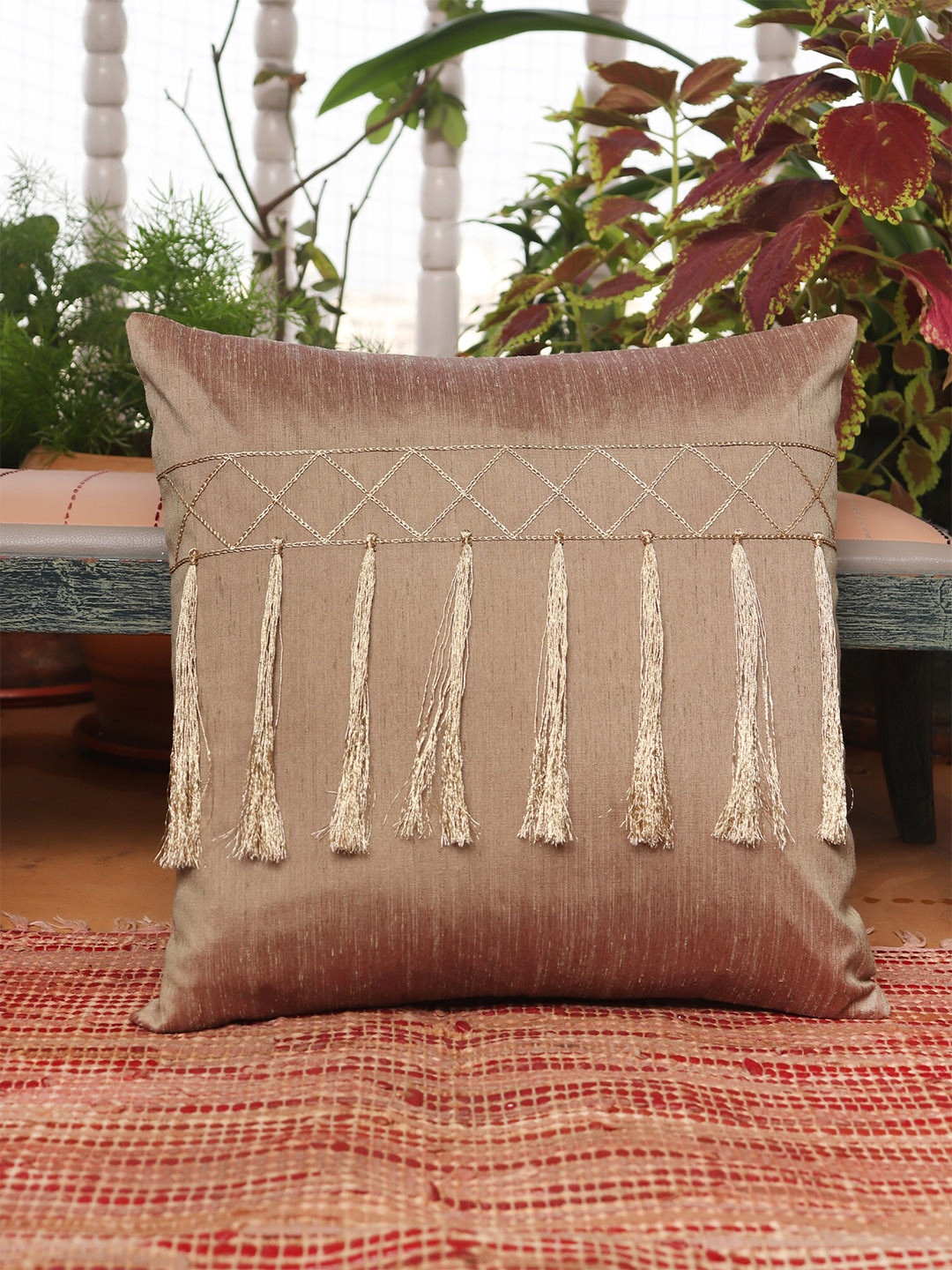 ZEBA Brown Polycotton Lightweight Embroidered Square Cushion Cover -16x16In