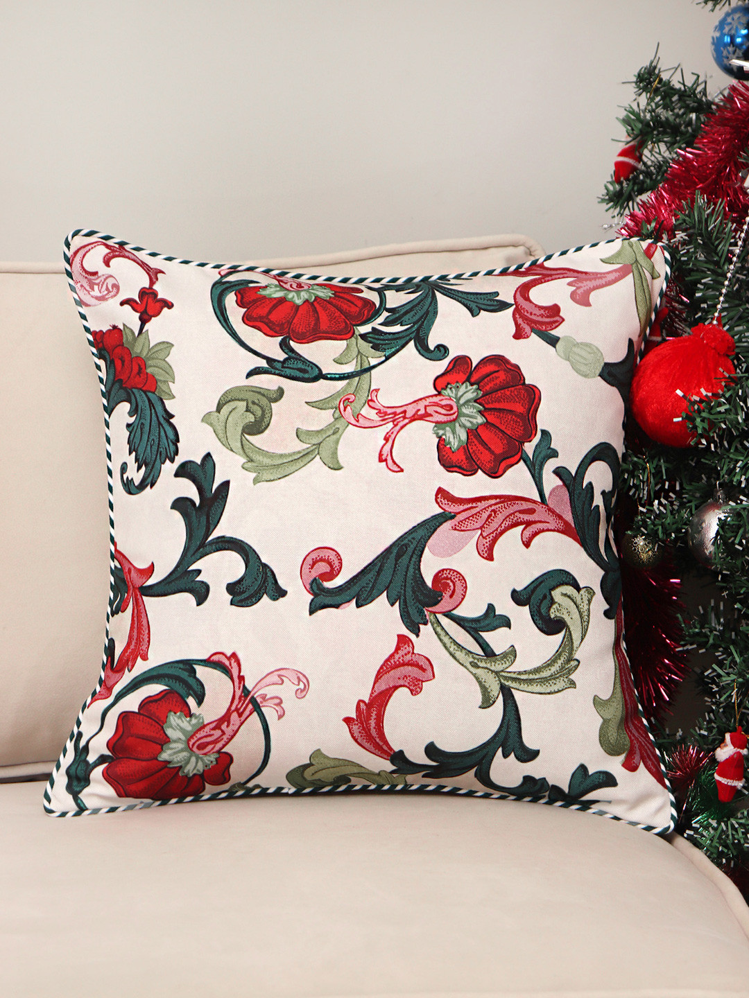 ZEBA Cream-Coloured & Red Printed Square Cushion Cover