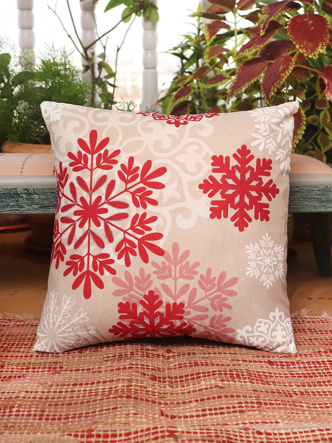 ZEBA Off White & Rust Orange Printed Square Cushion Cover